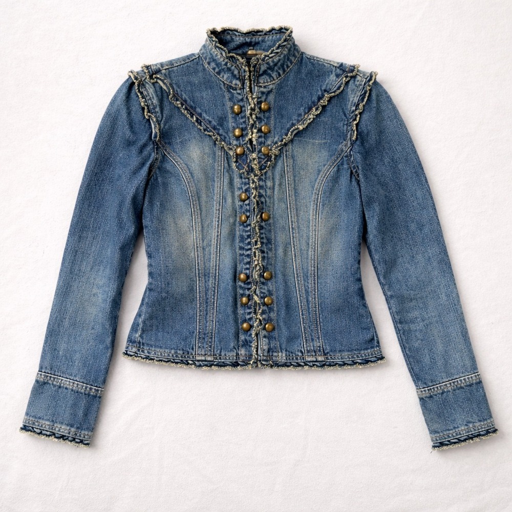 Rave Y2K Victorian Denim Jacket High Neck Hook & Eye Fitted Womens M - Picture 2 of 9